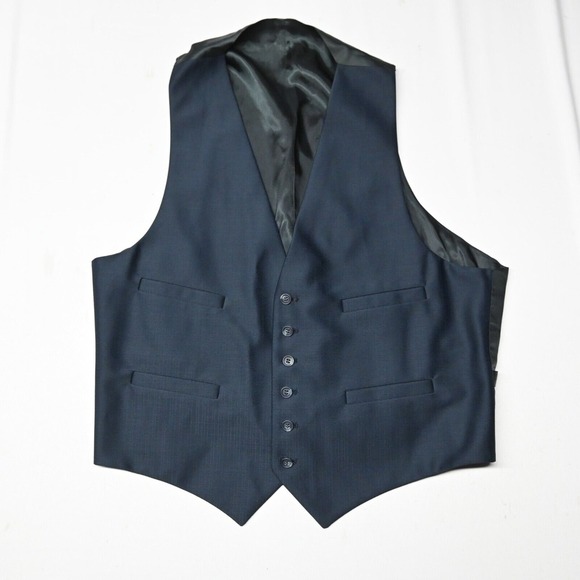 Vtg Mens Navy Blue XL Textured Polyester Vest Suit Waistcoat 80s 90s Formal Prom - Picture 1 of 6